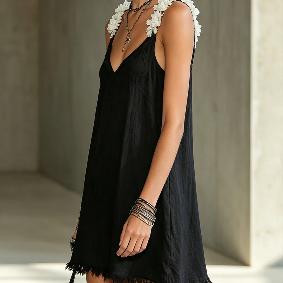 Fiadh — Black V-Neck Mini Dress with Floral Straps