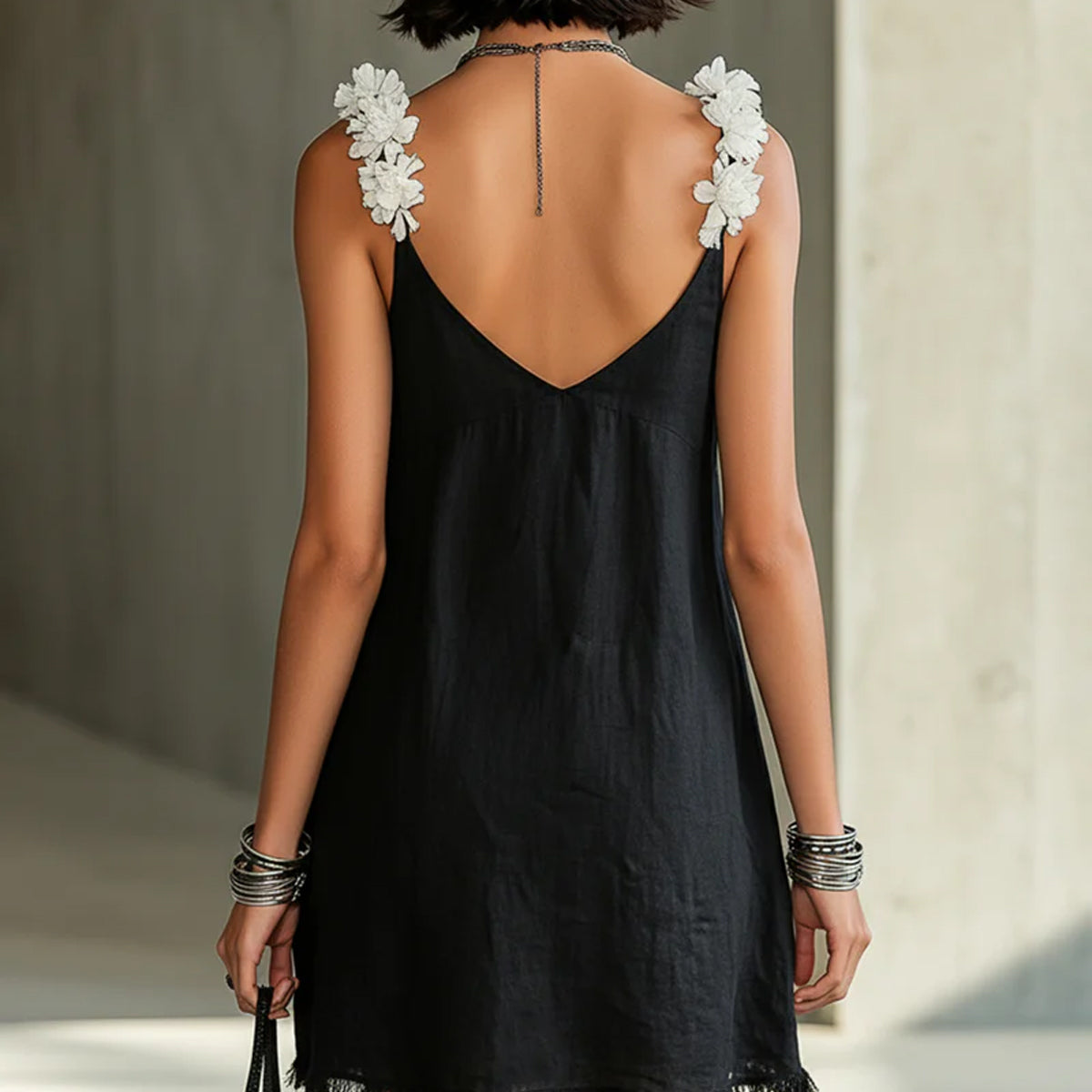 Fiadh — Black V-Neck Mini Dress with Floral Straps