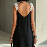 Fiadh — Black V-Neck Mini Dress with Floral Straps