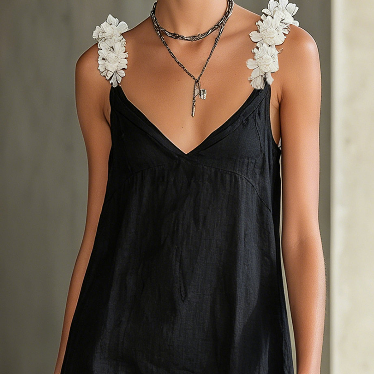 Fiadh — Black V-Neck Mini Dress with Floral Straps