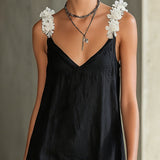 Fiadh — Black V-Neck Mini Dress with Floral Straps