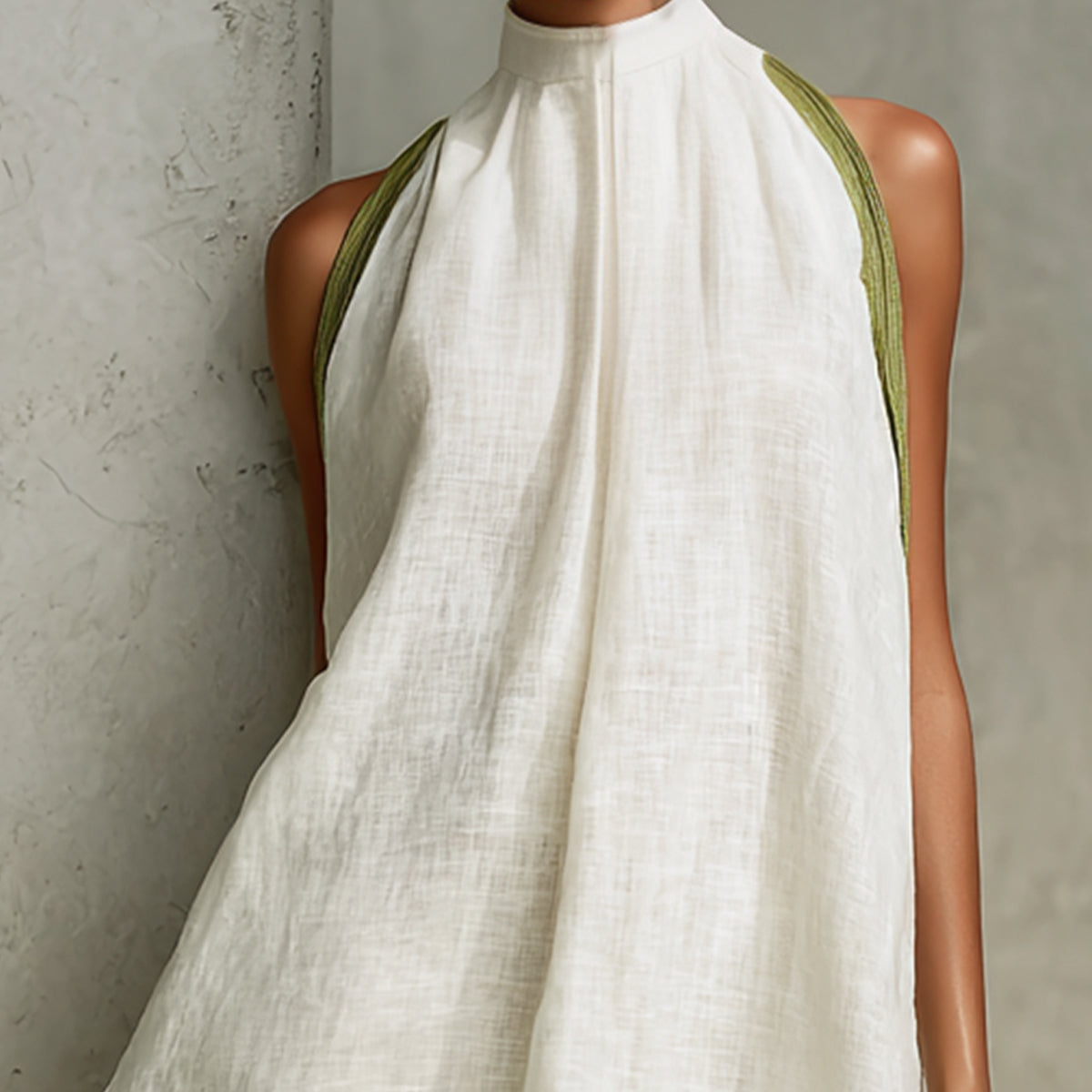 Zdenka — White Halter-Neck Swing Mini Dress with Olive Trim
