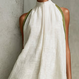 Zdenka — White Halter-Neck Swing Mini Dress with Olive Trim