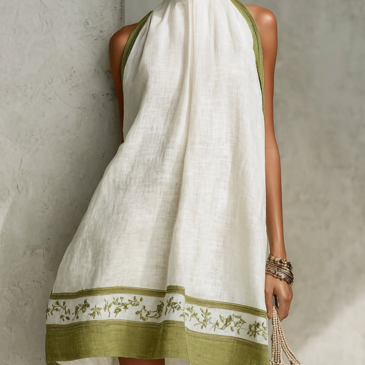 Zdenka — White Halter-Neck Swing Mini Dress with Olive Trim