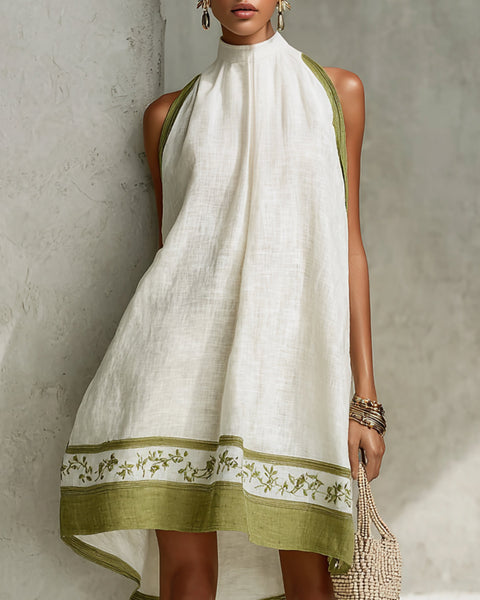 Zdenka — White Halter-Neck Swing Mini Dress with Olive Trim