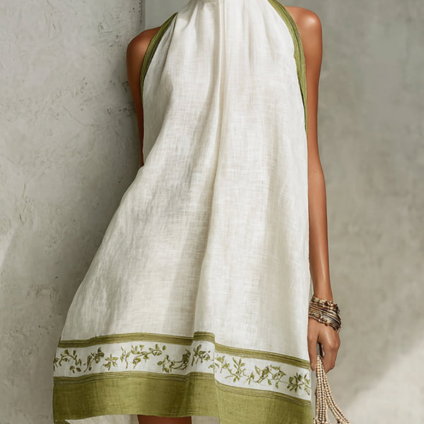 Zdenka — White Halter-Neck Swing Mini Dress with Olive Trim