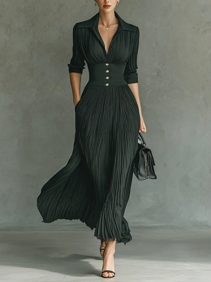 Elvira — Long Pleated Dress with Lapel and High Waist