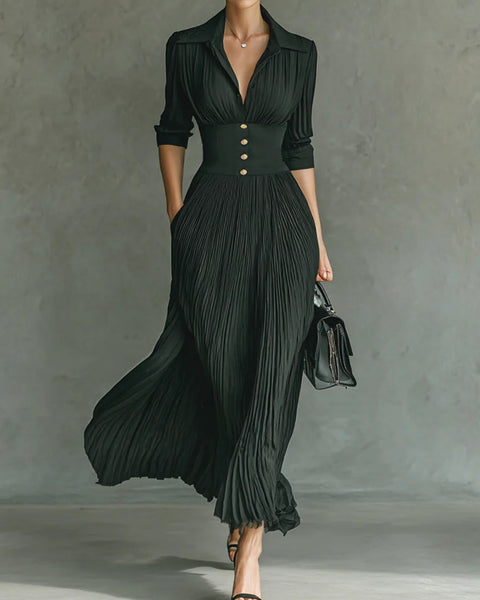 Elvira — Long Pleated Dress with Lapel and High Waist