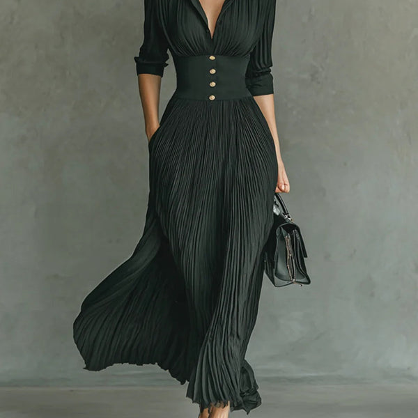 Elvira — Long Pleated Dress with Lapel and High Waist