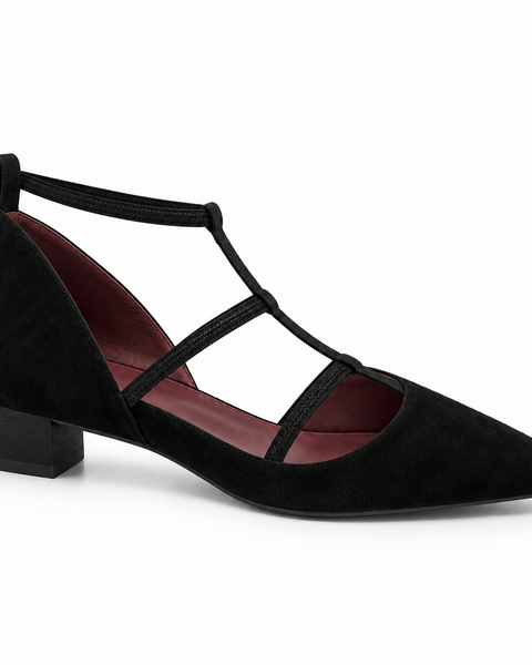 Eimear — Black Pointed Low-Heel Shoes with T-Straps