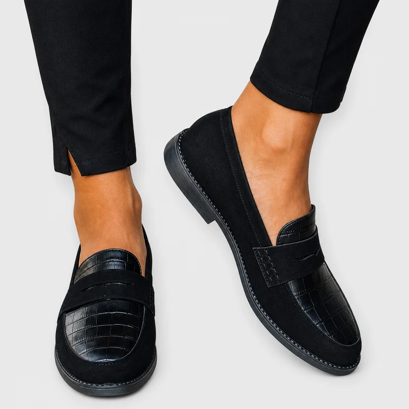 Gloria — Black Croc-Look Penny Loafers