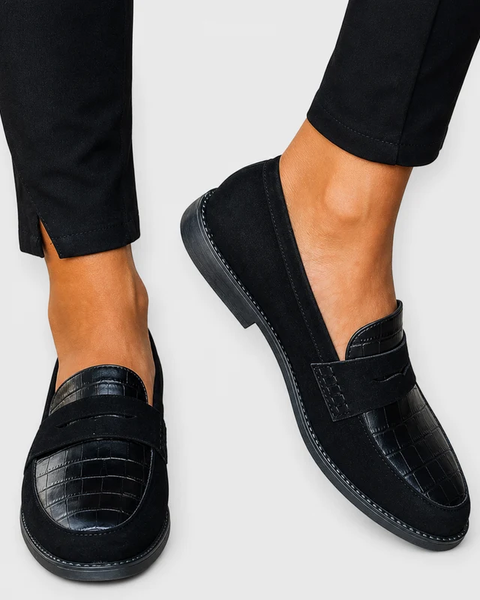 Gloria — Black Croc-Look Penny Loafers