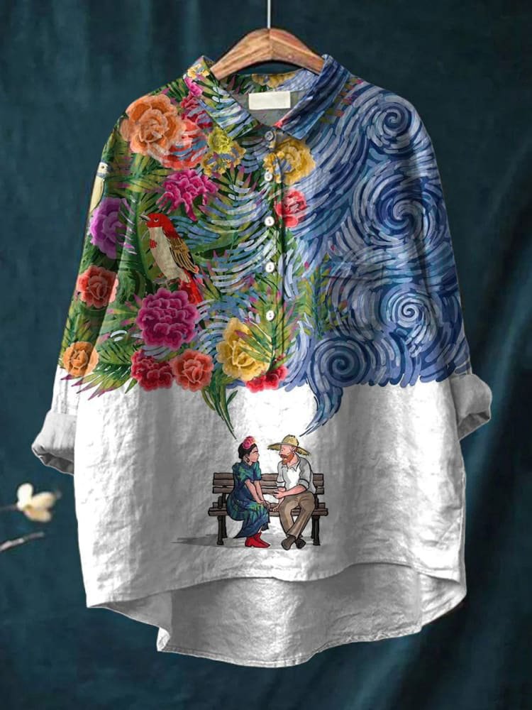 Dominika — Floral Swirl Bench Scene Print Button-Up Blouse