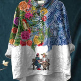 Dominika — Floral Swirl Bench Scene Print Button-Up Blouse