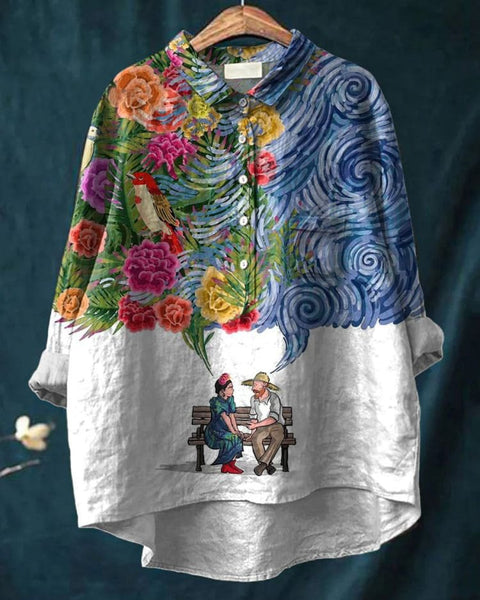 Dominika — Floral Swirl Bench Scene Print Button-Up Blouse