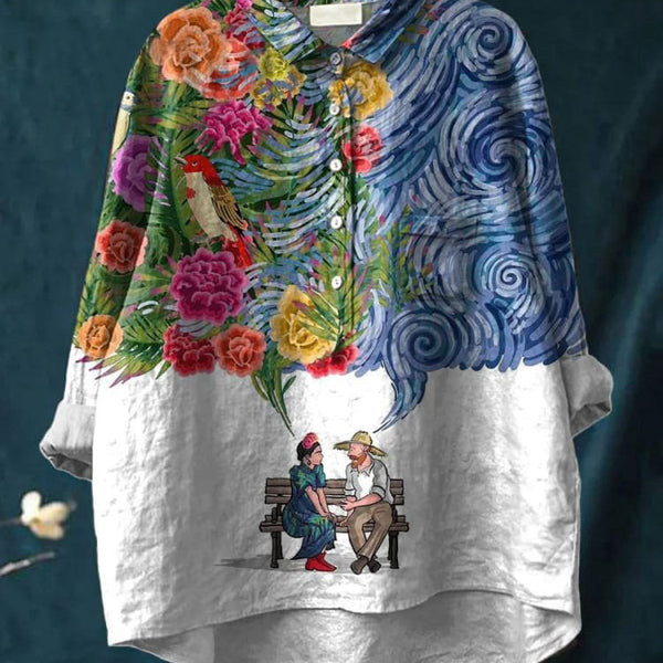 Dominika — Floral Swirl Bench Scene Print Button-Up Blouse