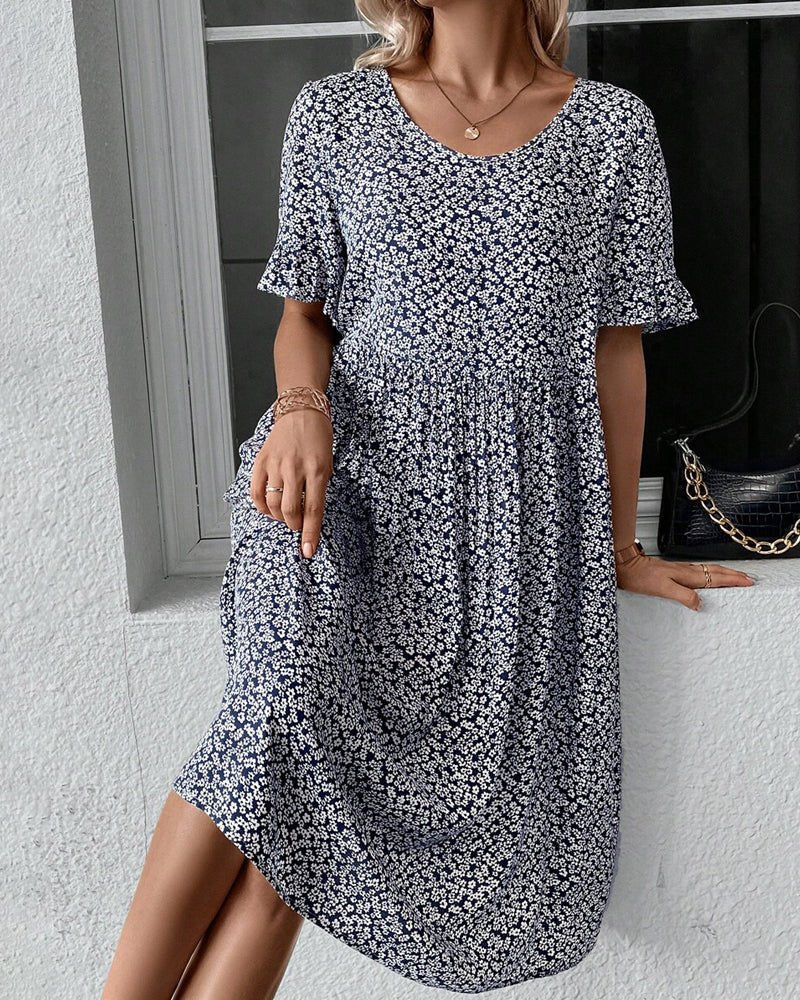 Pirkko — Ditsy Print Tiered Midi Dress with Ruffle Sleeves
