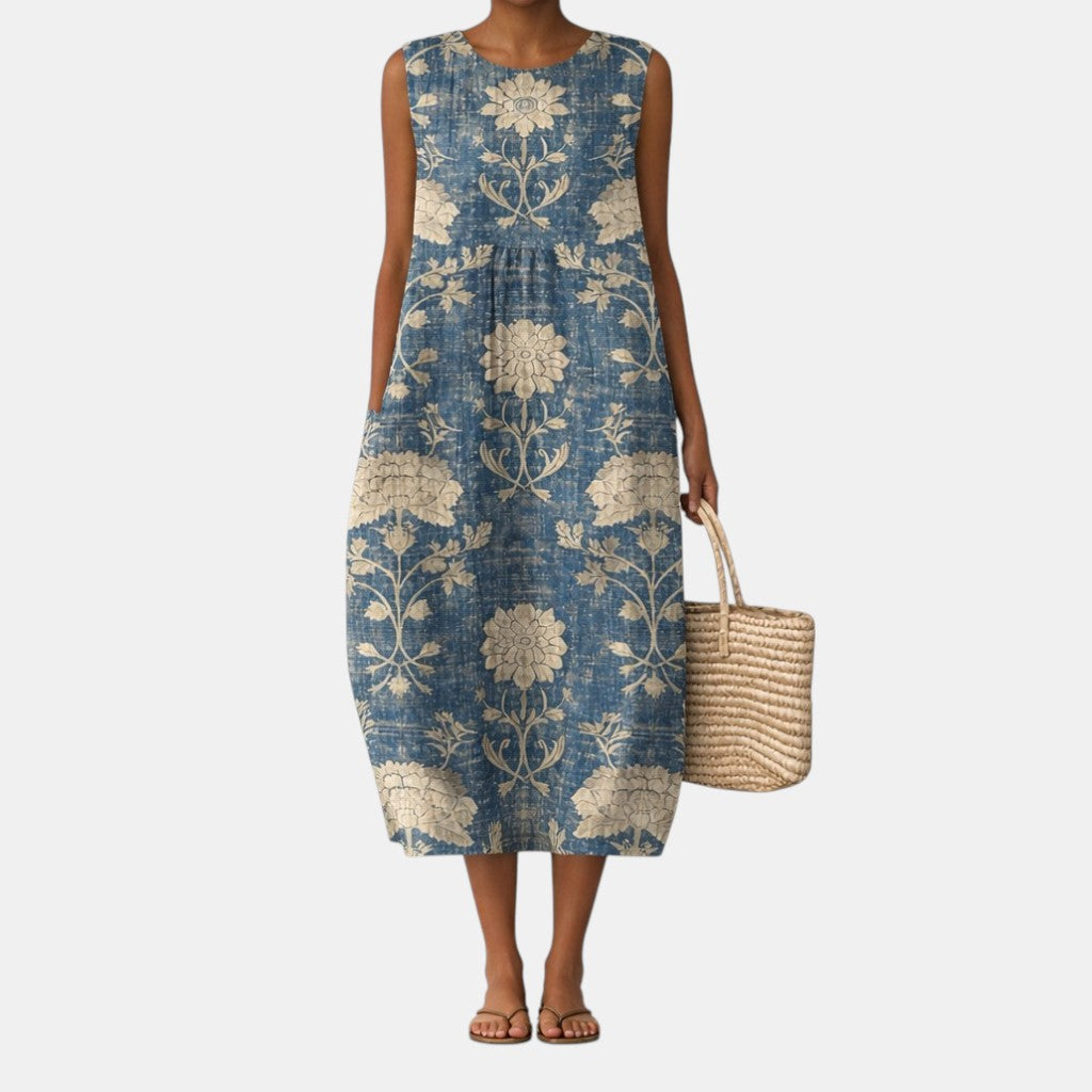 Adrienne — Blue Floral Medallion Sleeveless Midi Dress