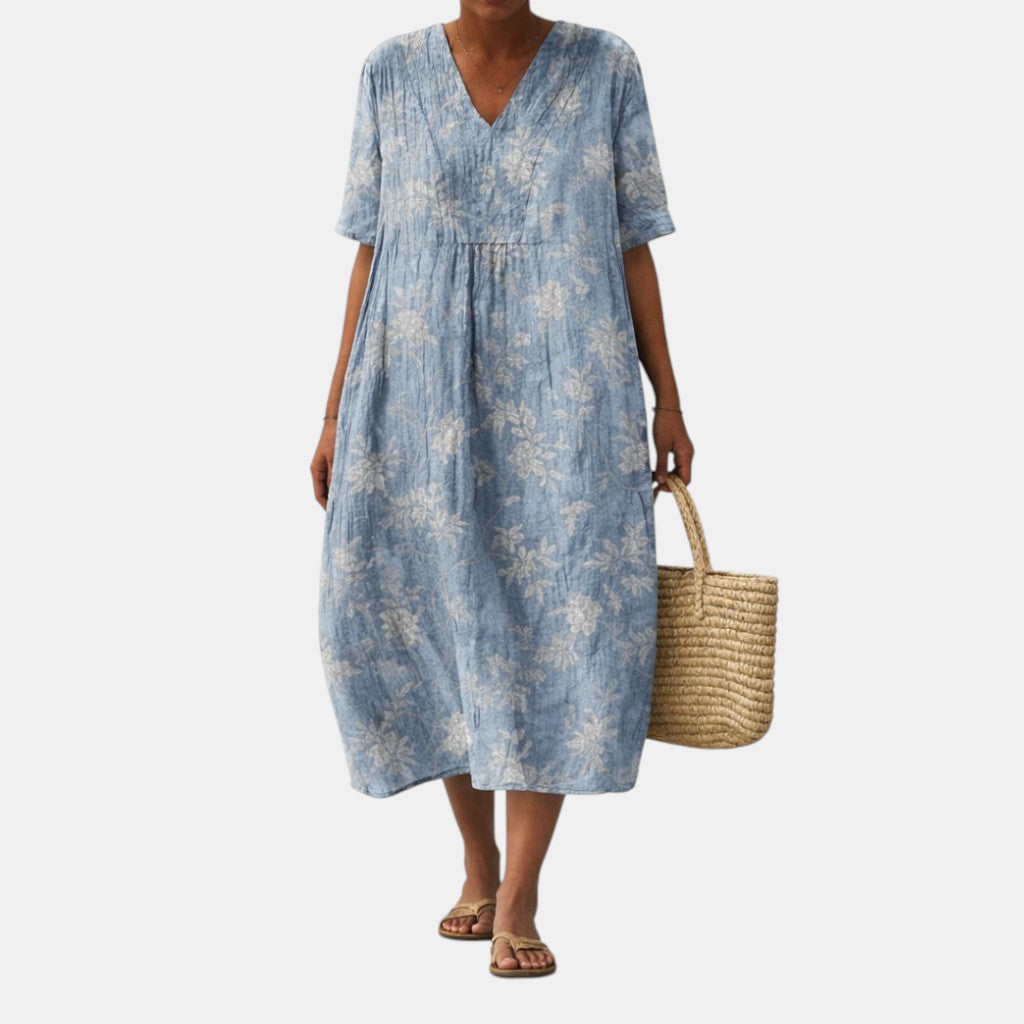 Dalila — Pale Blue Floral V-Neck Boho Maxi Dress