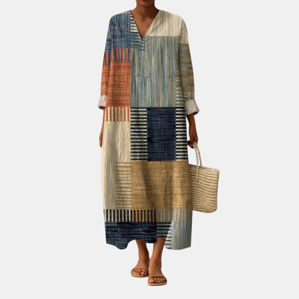 Coretta — Blue and Tan Patchwork V-Neck Boho Maxi Dress