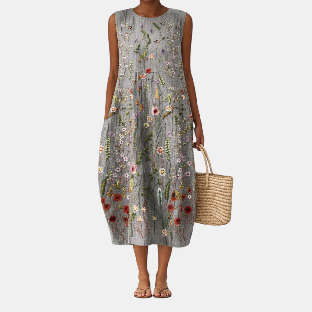 Adele — Grey Wildflower Sleeveless Midi Dress
