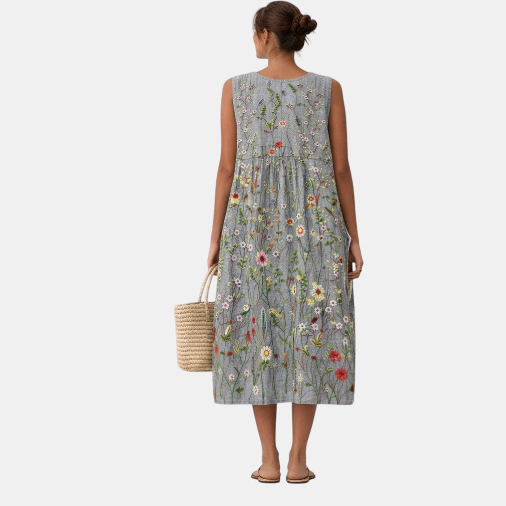 Adele — Grey Wildflower Sleeveless Midi Dress