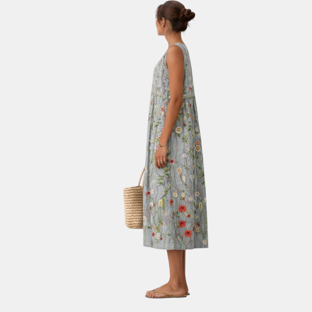Adele — Grey Wildflower Sleeveless Midi Dress