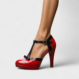 Sachiko — Glossy T-Strap Platform Heels with Bow Detail