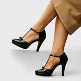 Sachiko — Glossy T-Strap Platform Heels with Bow Detail