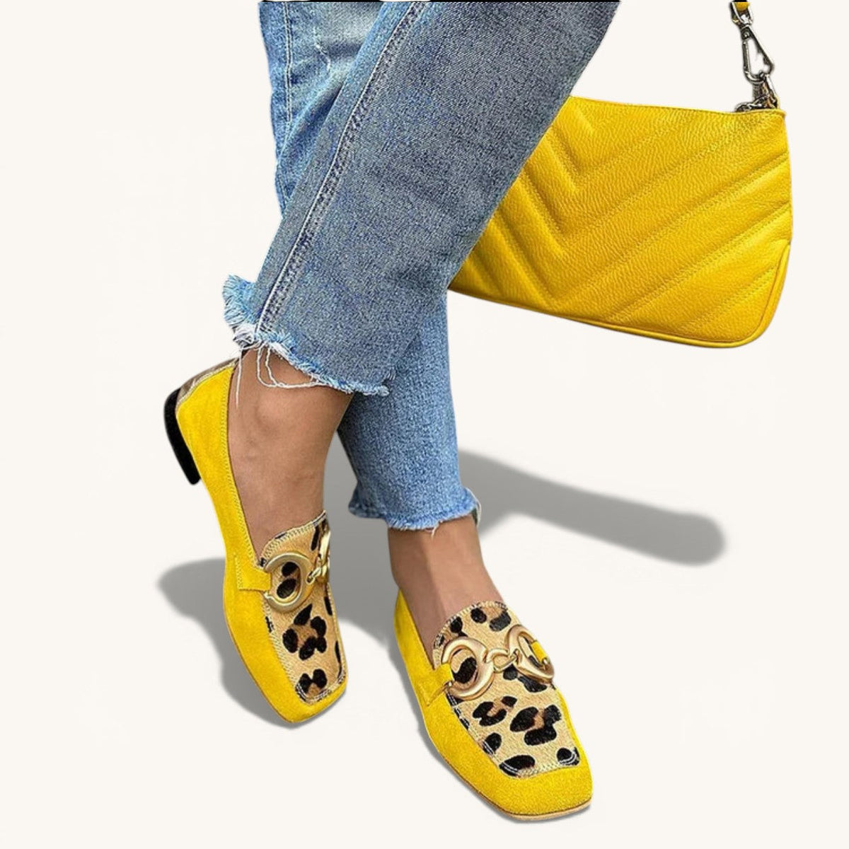 Fiorella — Yellow Animal-Print Horsebit Loafers