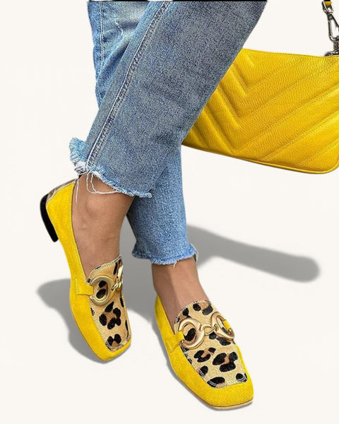 Fiorella — Yellow Animal-Print Horsebit Loafers