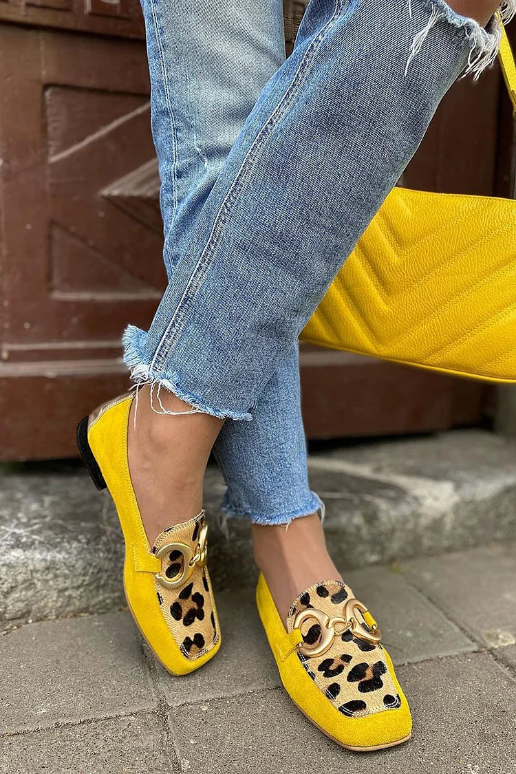 Fiorella — Yellow Animal-Print Horsebit Loafers