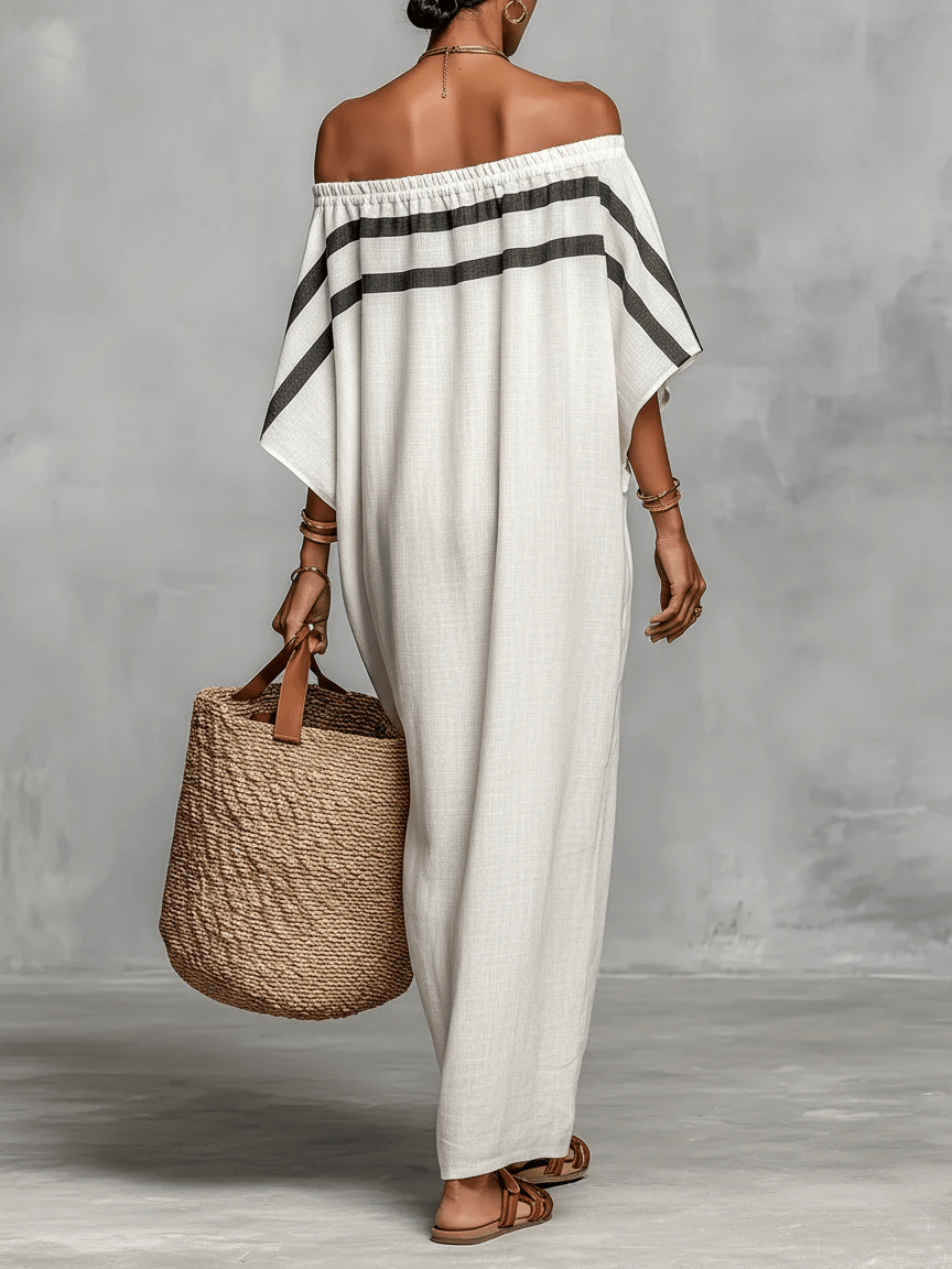 Zofia — White Off-Shoulder Maxi Dress with Batwing Sleeves and Stripe Trim