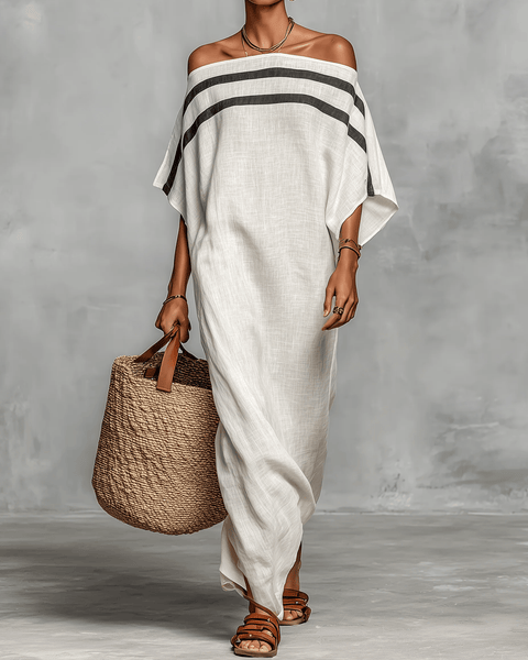 Zofia — White Off-Shoulder Maxi Dress with Batwing Sleeves and Stripe Trim