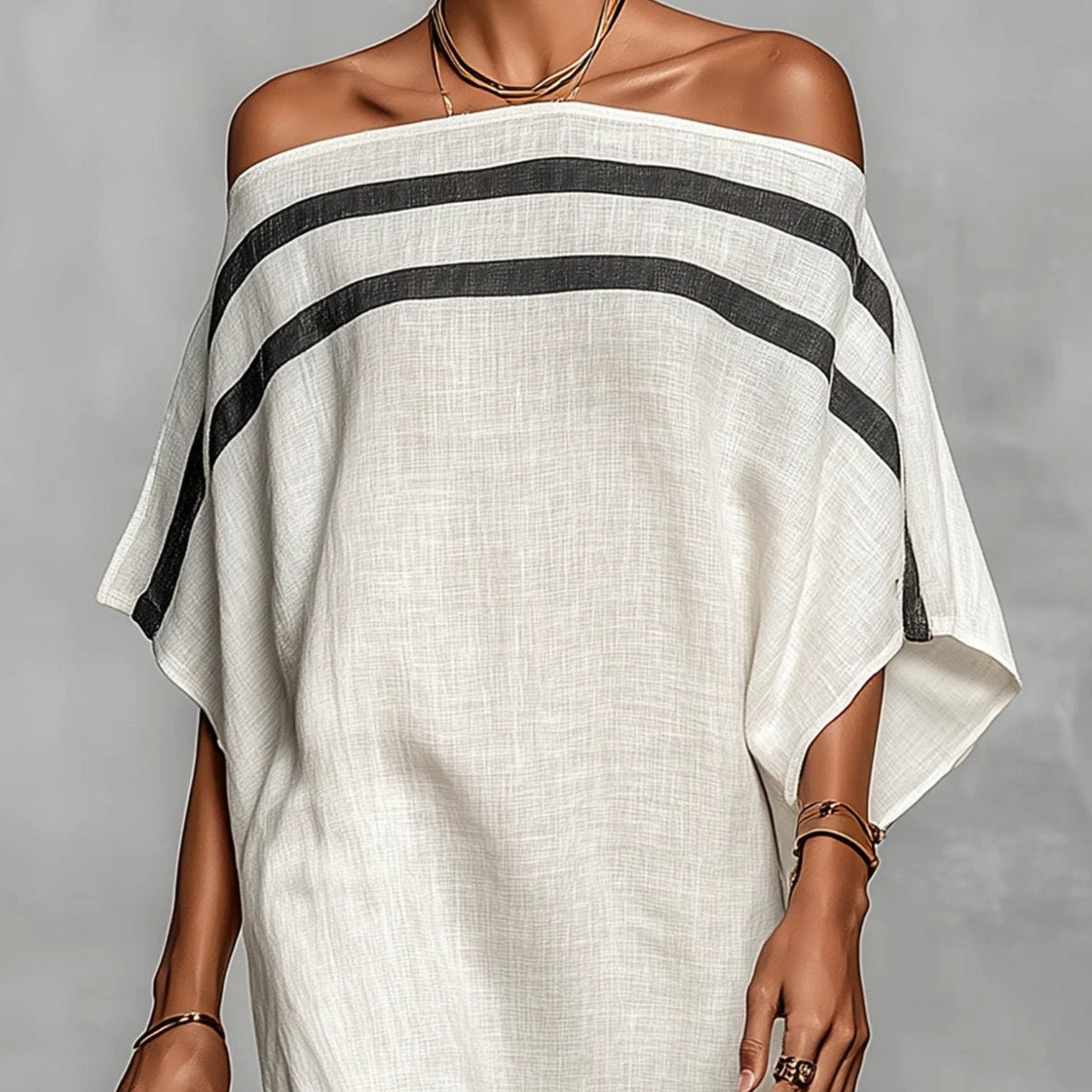 Zofia — White Off-Shoulder Maxi Dress with Batwing Sleeves and Stripe Trim