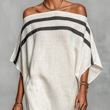 Zofia — White Off-Shoulder Maxi Dress with Batwing Sleeves and Stripe Trim