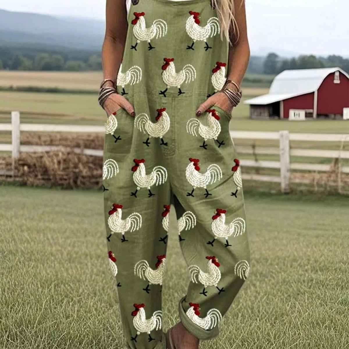 Marilla — Olive Rooster Print Overalls