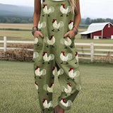 Marilla — Olive Rooster Print Overalls