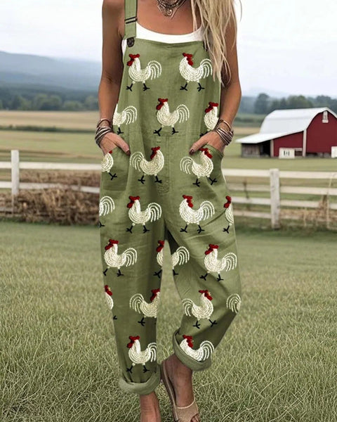 Marilla — Olive Rooster Print Overalls