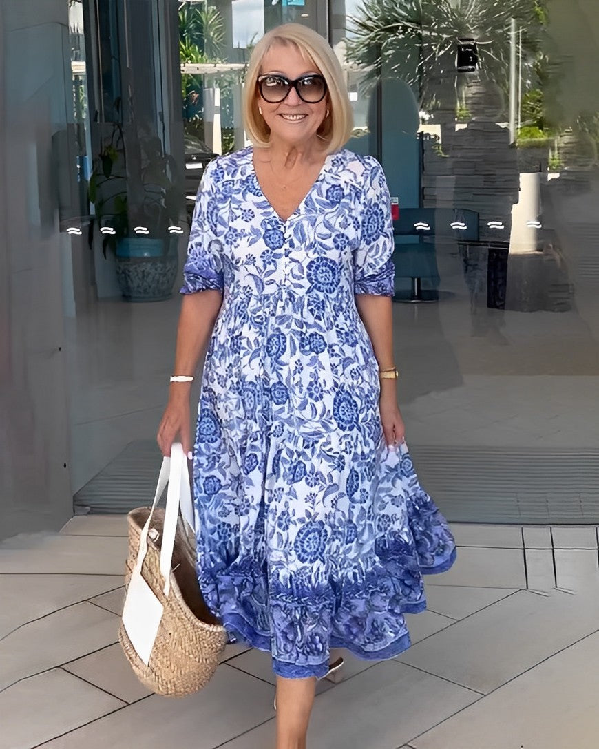Belinda — Floral V-Neck Tiered Midi Dress