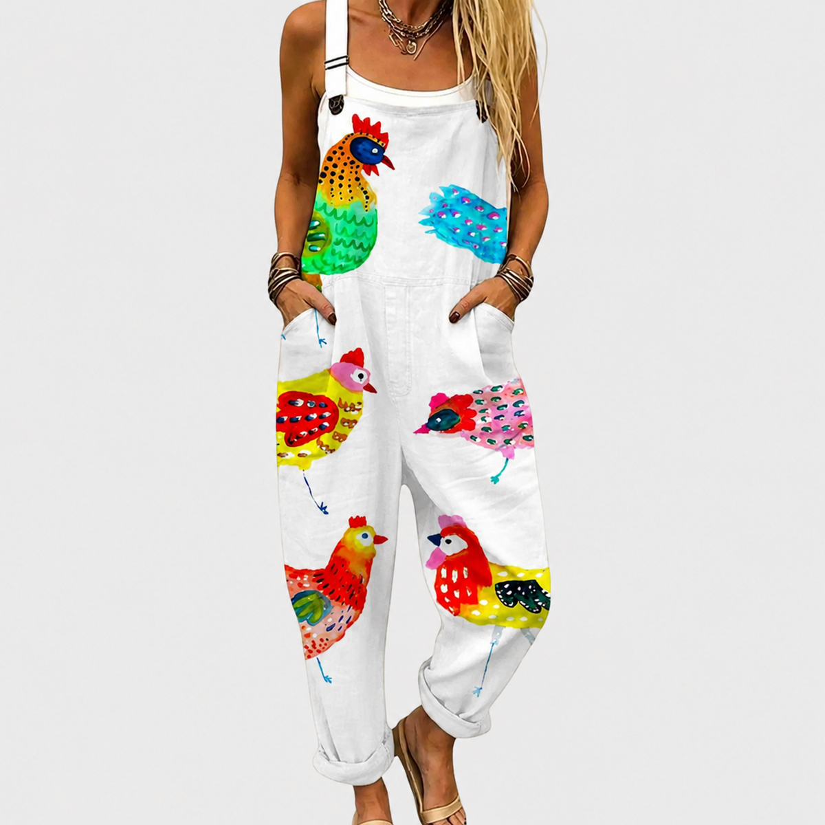 Gracie — Colourful Hen Print Overalls