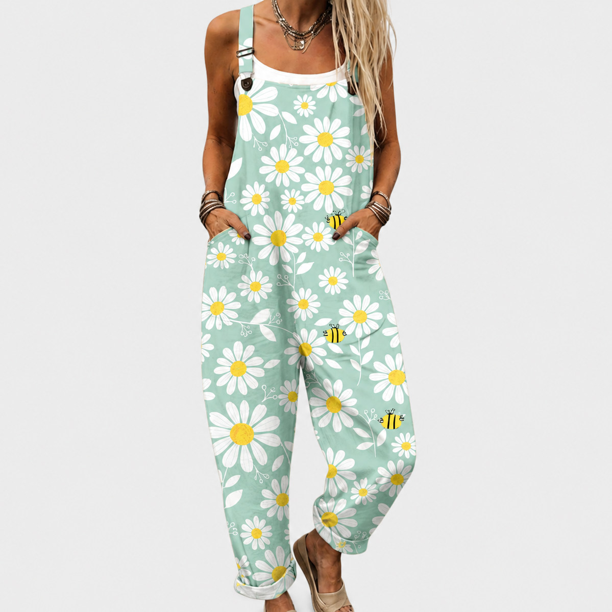 Kitty — Mint Daisy Print Overalls