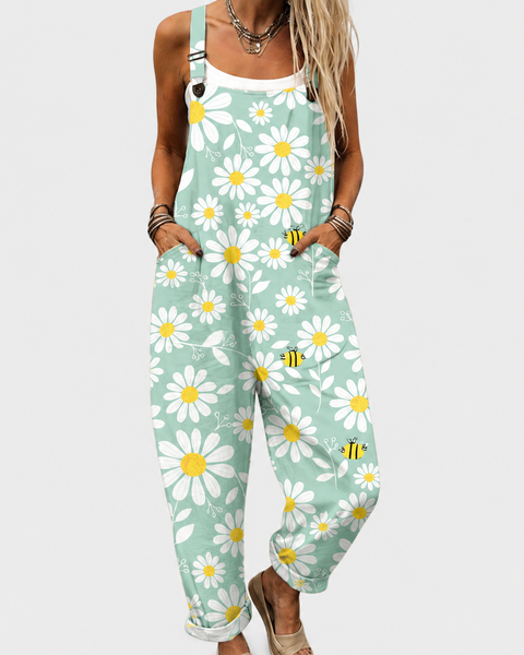 Kitty — Mint Daisy Print Overalls