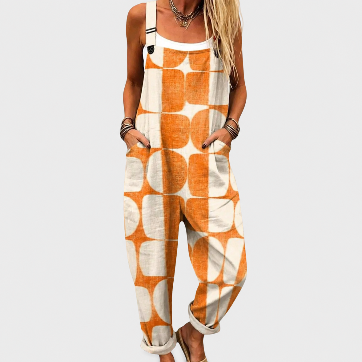 Vivi — Orange Retro Print Overalls