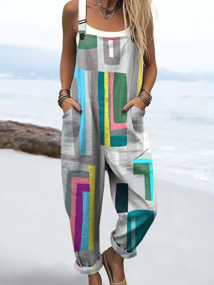 Jenessa — Colourful Geometric Block Print Overalls