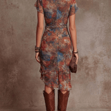 Tanith — Painterly Print V-Neck Midi Dress with Ruched Waist and Side Slit