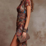 Tanith — Painterly Print V-Neck Midi Dress with Ruched Waist and Side Slit