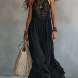 Idunn — Black Halter Maxi Dress with Lace Bodice and Lace Hem