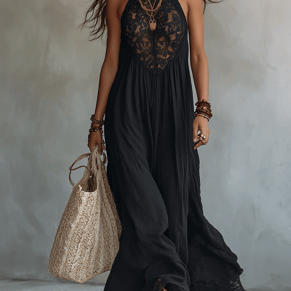 Idunn — Black Halter Maxi Dress with Lace Bodice and Lace Hem