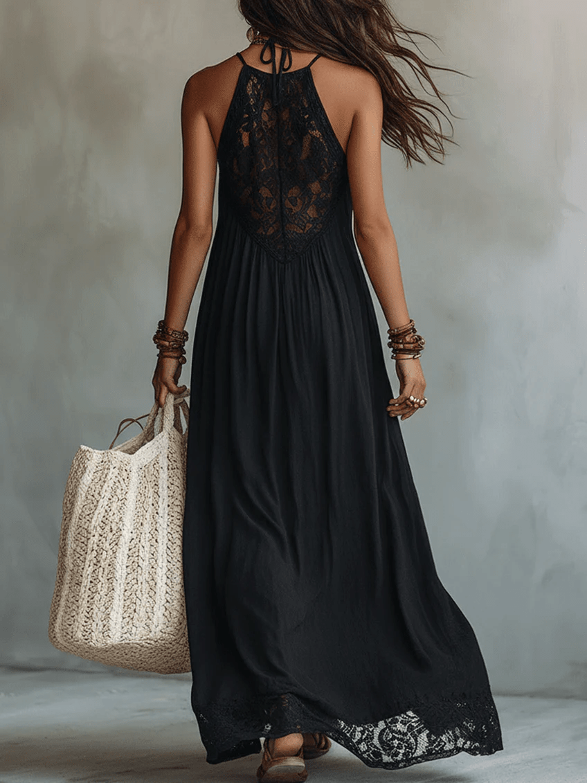 Idunn — Black Halter Maxi Dress with Lace Bodice and Lace Hem